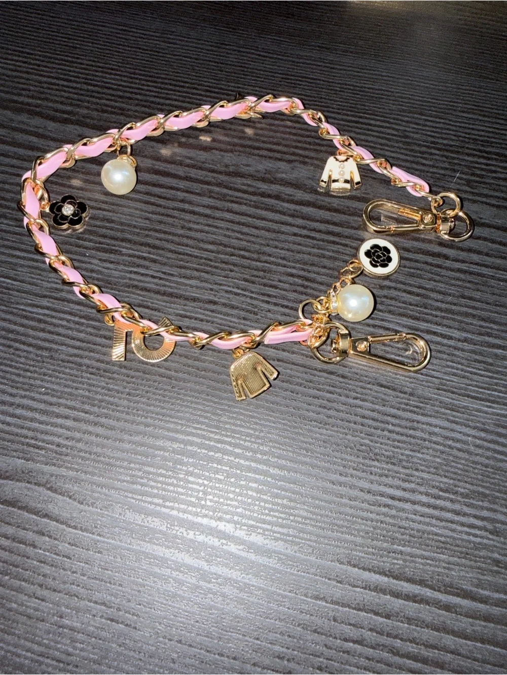 Gold & Pink #5 Charm Phone Chain with Pearls and Floral Accents